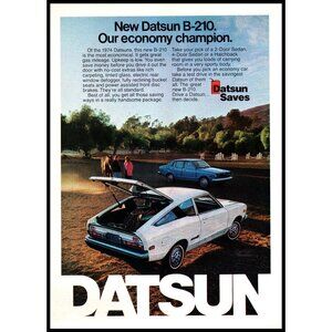 1974 Datsun B-210 Hatchback Vintage Print Ad Horse Equestrian Stables Wall Art